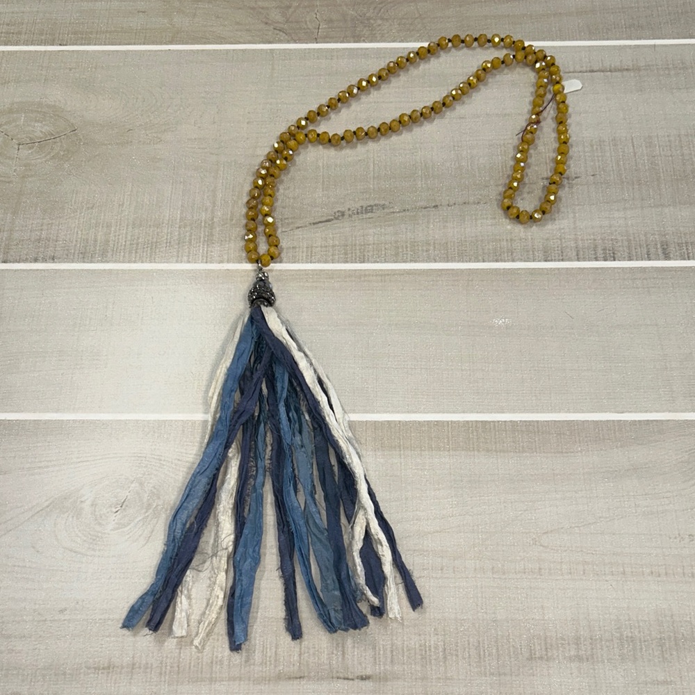 Chic Gold Beaded Necklace with Blue and White Tassel